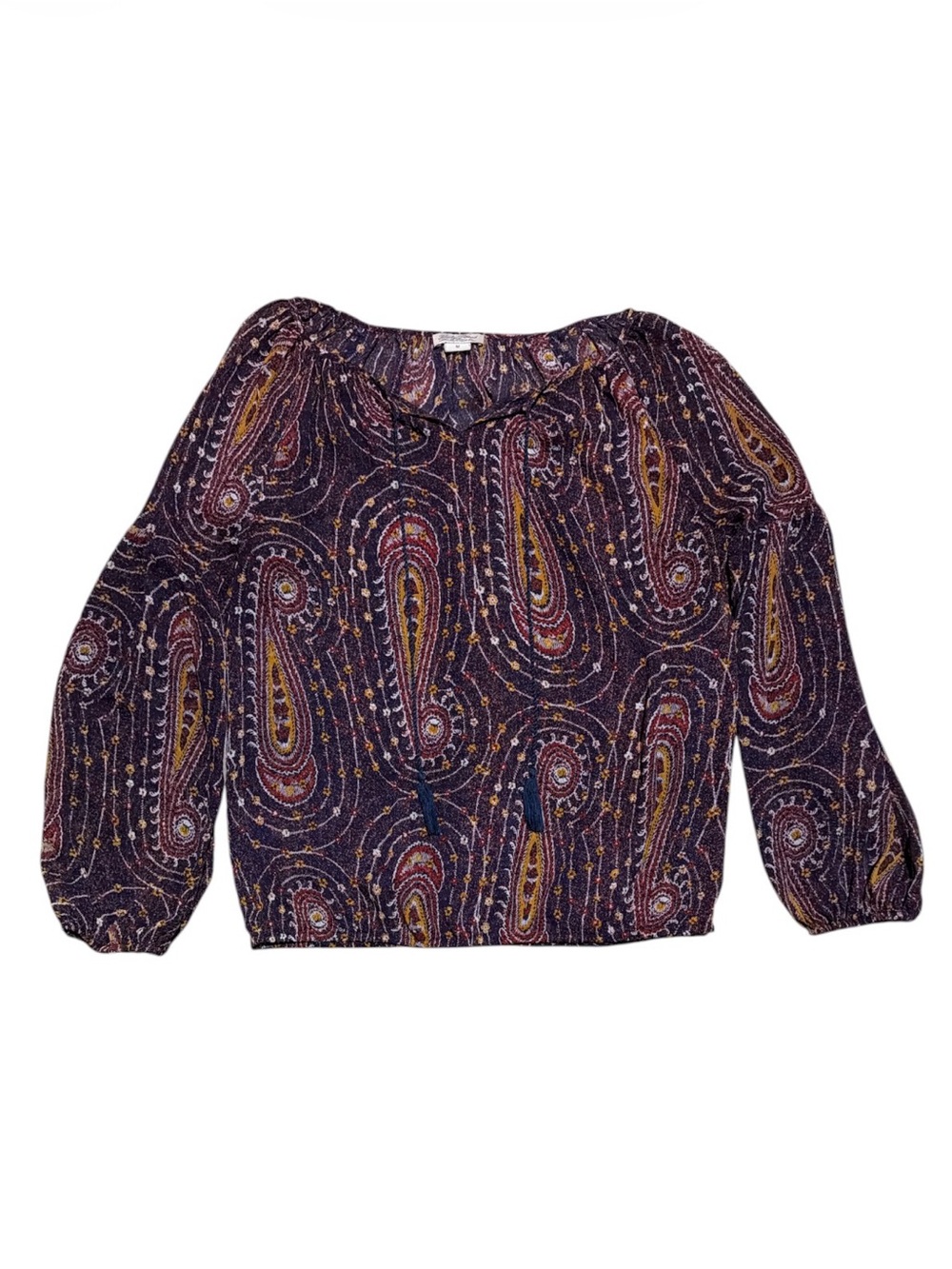 Lucky Brand Women’s M Sheer Paisley Peasant Blouse Boho Tassel Tie